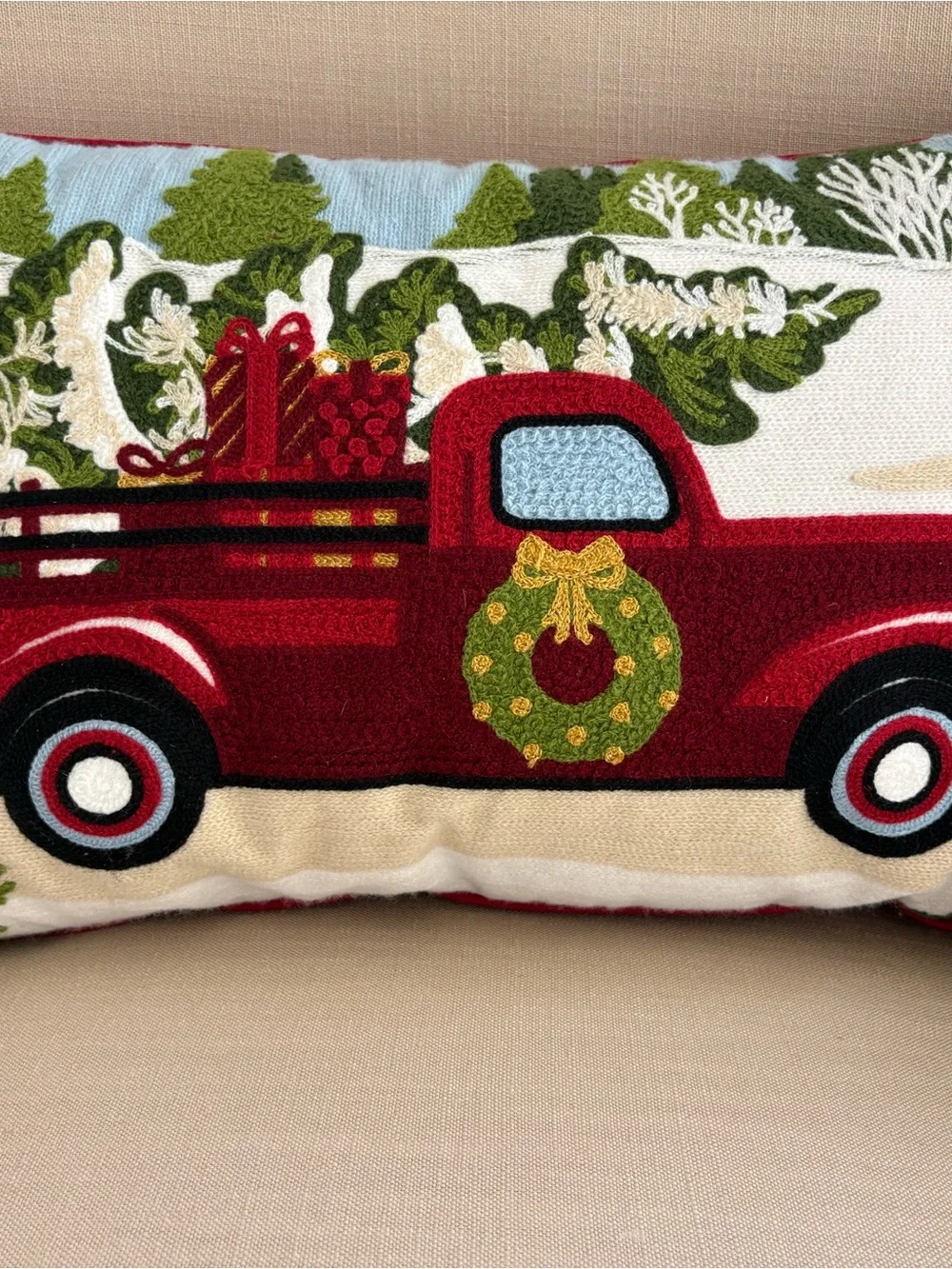Winter Scene Hooked Throw Pillow Red Christmas Truck Presents Wreath 22”x14”x6”